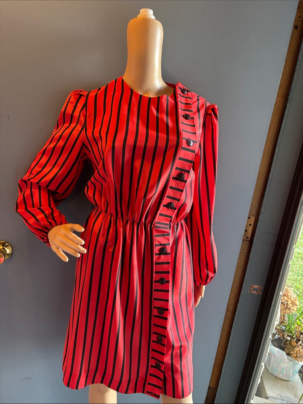 Vintage 80s secretary Black Striped Midi Dress with Button Detail